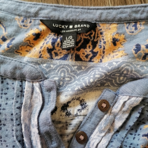 Lucky Brand Tunic Long Sleeve Boho Peasant Blouse Blue/Yellow Size L - Picture 12 of 14